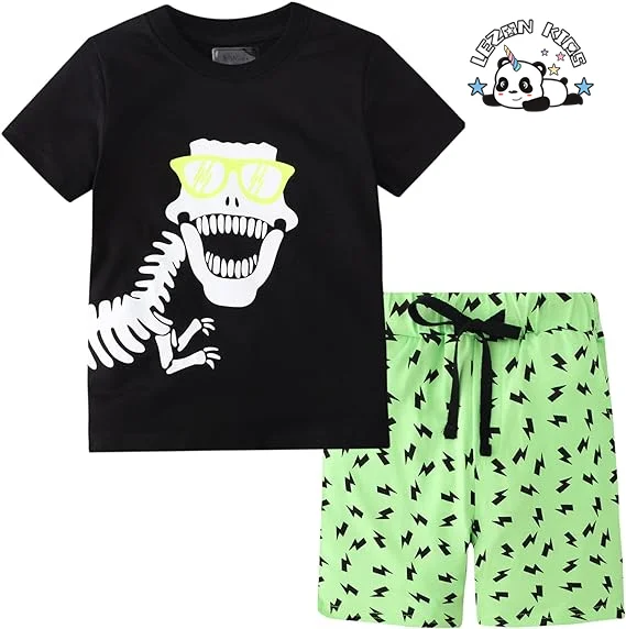 LEZONKIDS - New Style Boy's Dinosaurs Printing Short Sleeves T'shirt & Pants Kids Clothing Set
